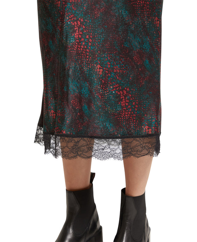 Satin Lace Detail Midi Skirt