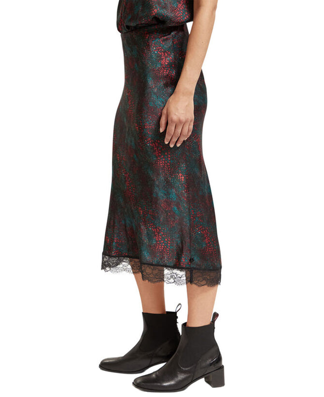 Satin Lace Detail Midi Skirt
