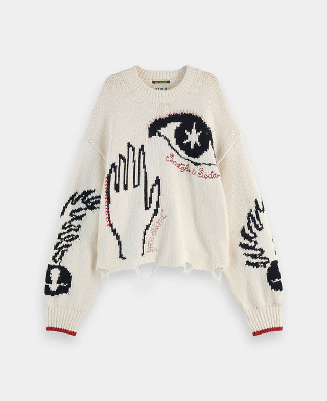 Intarsia Distressed Oversized Pullover