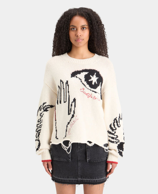 Intarsia Distressed Oversized Pullover