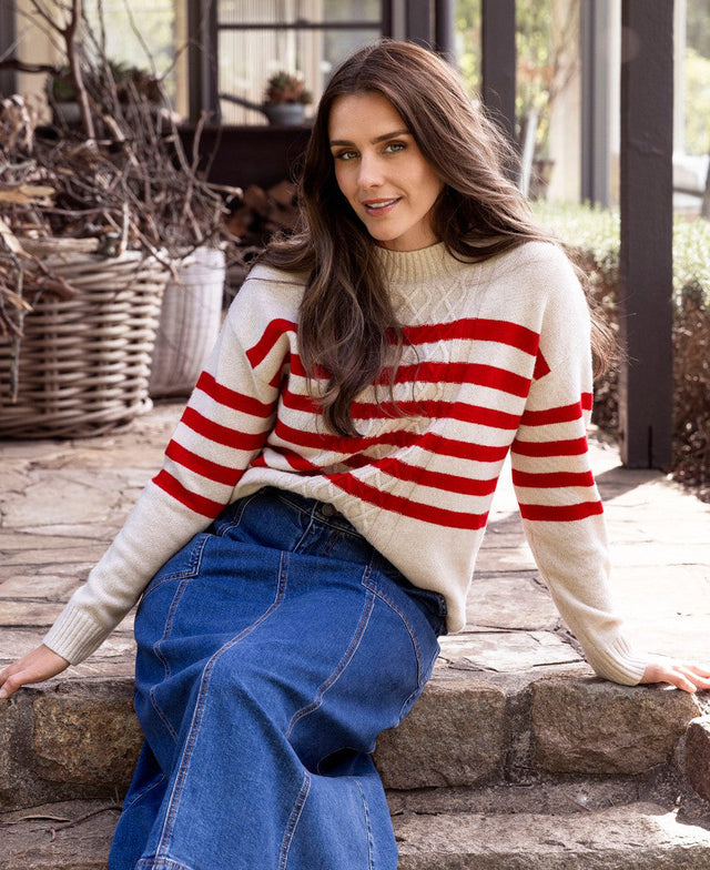 Stripe Cable Pullover Crew