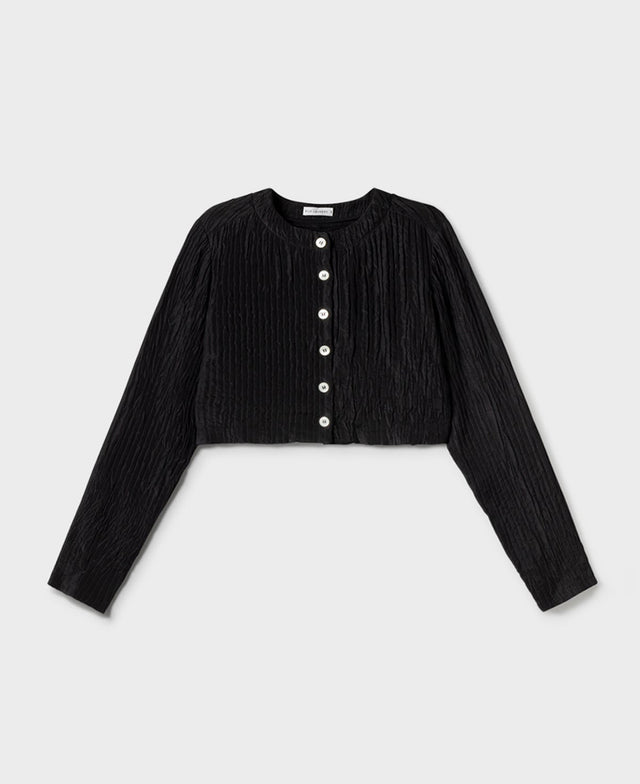 Crinkle Collarless Crop Black Shirt