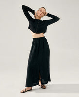 Crinkle Collarless Crop Black Shirt